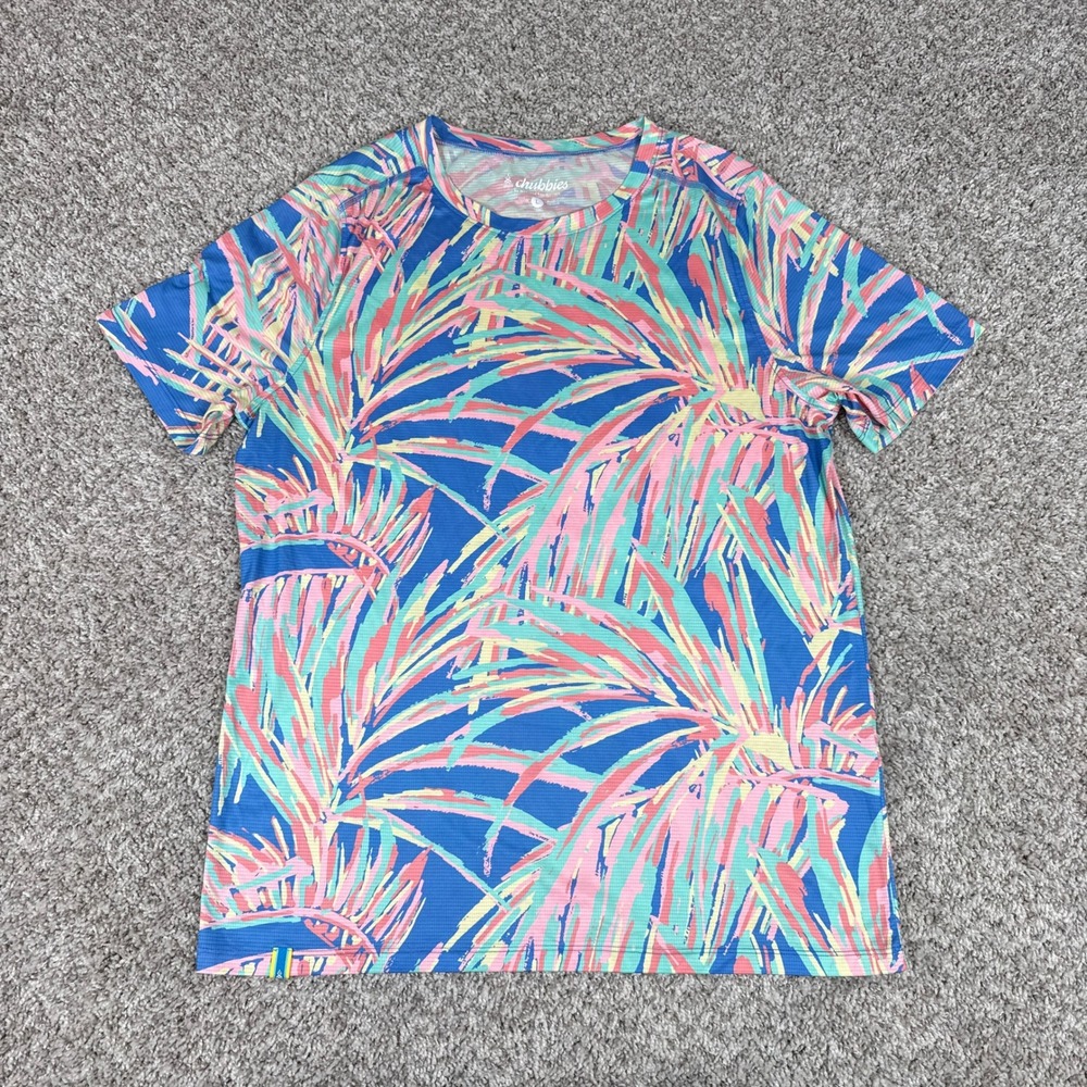 Chubbies Shirt Mens Large Blue Tropical Palm Leaf Print Performance Short Sleeve